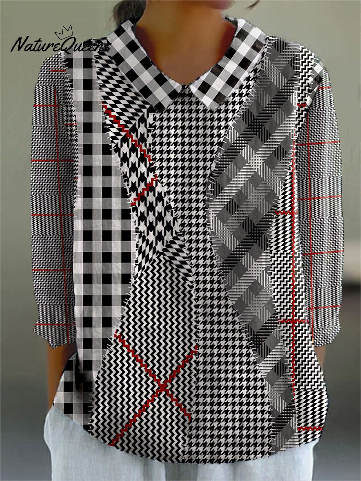 Women's Abstract Check Patchwork Art Print Casual Cotton And Linen 3/4 Sleeve Shirt