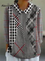 Women's Abstract Check Patchwork Art Print Casual Cotton And Linen 3/4 Sleeve Shirt