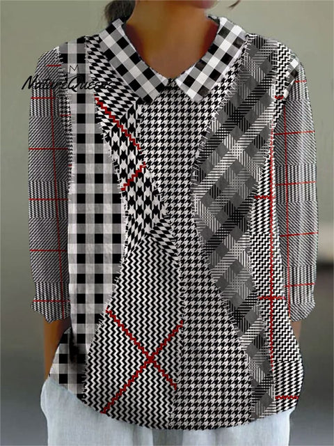 Women's Abstract Check Patchwork Art Print Casual Cotton And Linen 3/4 Sleeve Shirt