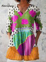 Women's Colorful Polka Dot Flower Art Print Casual Linen V-neck Shirt