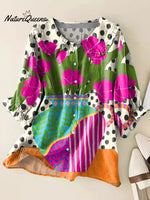 Women Colorful Polka Dot Flower Art Print Peter Pan Collar Half Sleeve Blouses