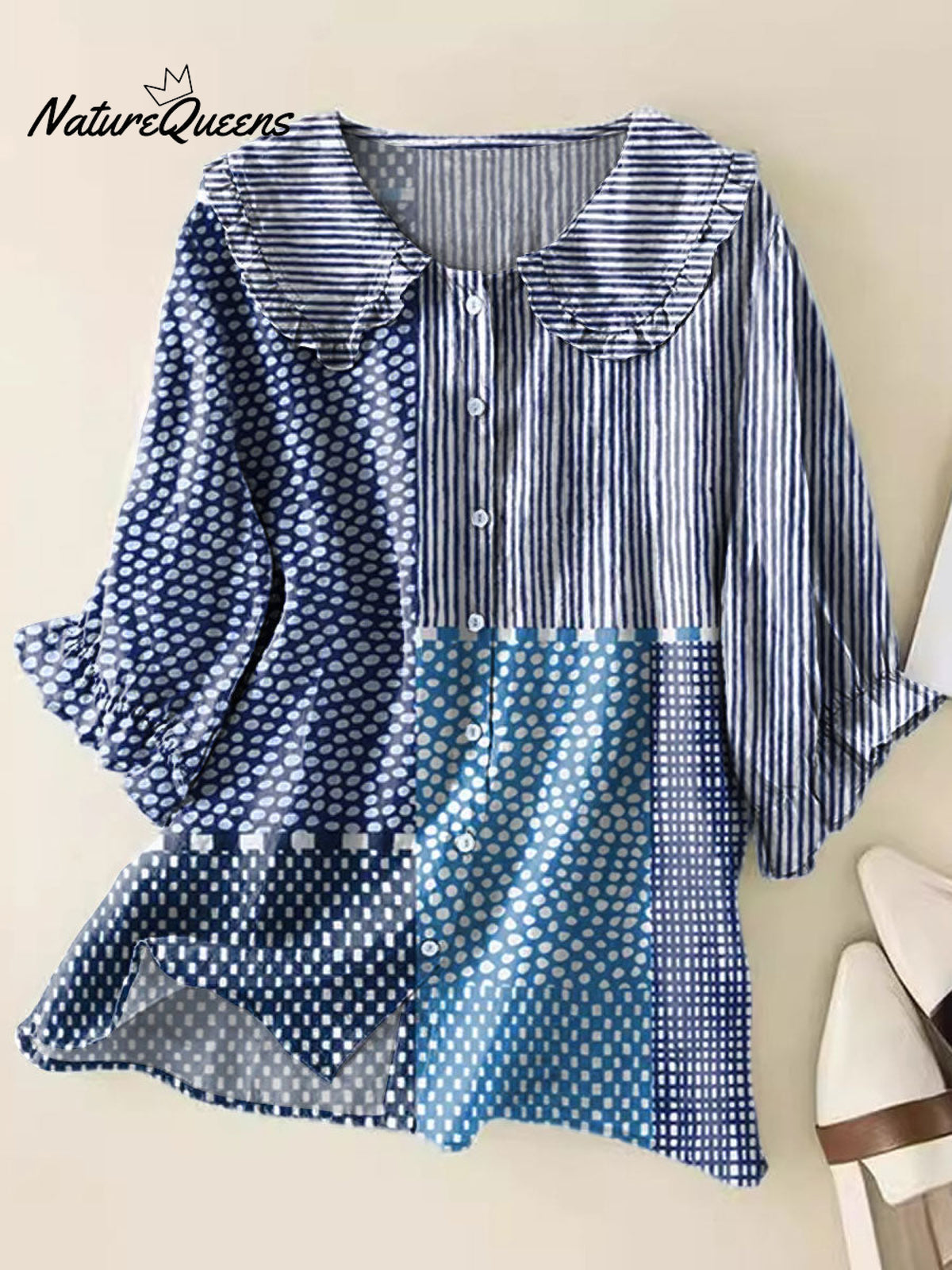 Women Retro Polka Dot Abstract Art Print Peter Pan Collar Half Sleeve Blouses