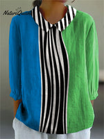 Women's Abstract Stripes Art Print Casual Cotton And Linen 3/4 Sleeve Shirt