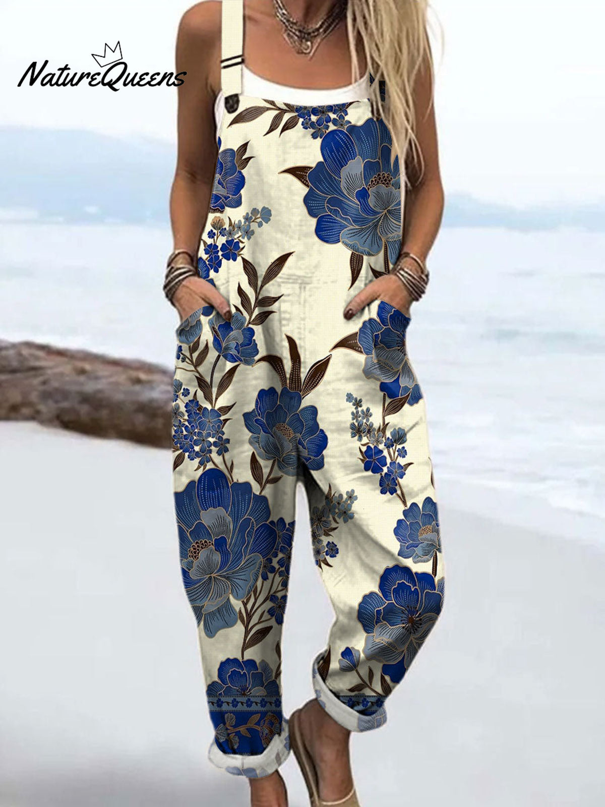 Women's Vintage Flower Art Print Casual 100% Cotton Wide Leg Jumpsuit