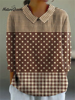 Women's Retro Stripe Dot Art Print Casual Cotton And Linen 3/4 Sleeve Shirt