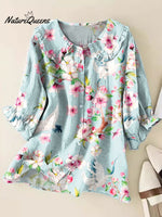 Women Vintage Floral Art Print Peter Pan Collar Half Sleeve Blouses