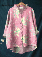 Women's Colorful Abstract Sea Fish Art Print Casual Cotton And Linen Ruffle Shirt