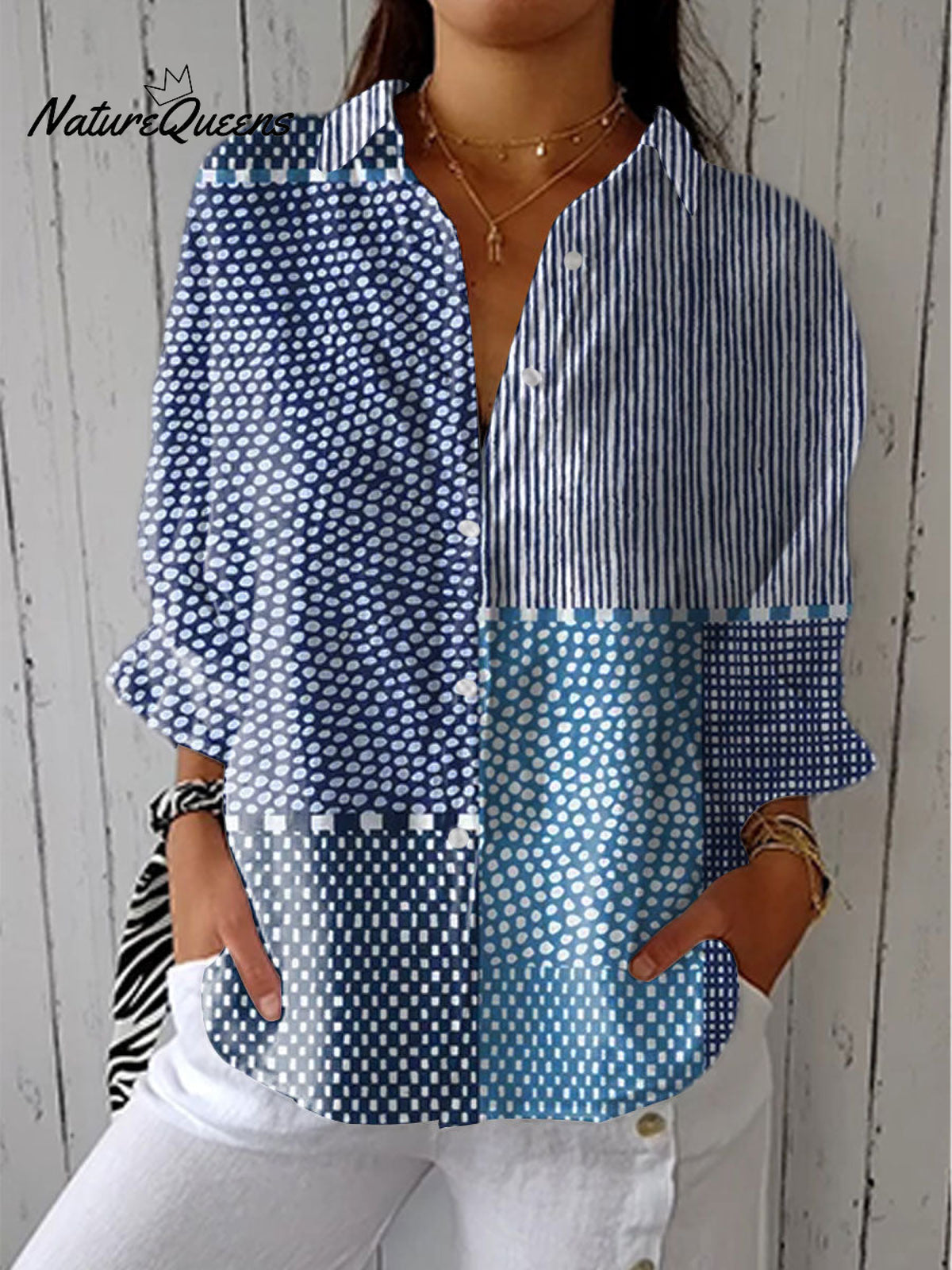 Women's Vintage Dot Art Print Casual Linen V-neck Shirt