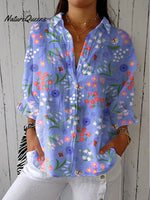 Women's Vintage Flower Art Print Casual Linen V-neck Shirt