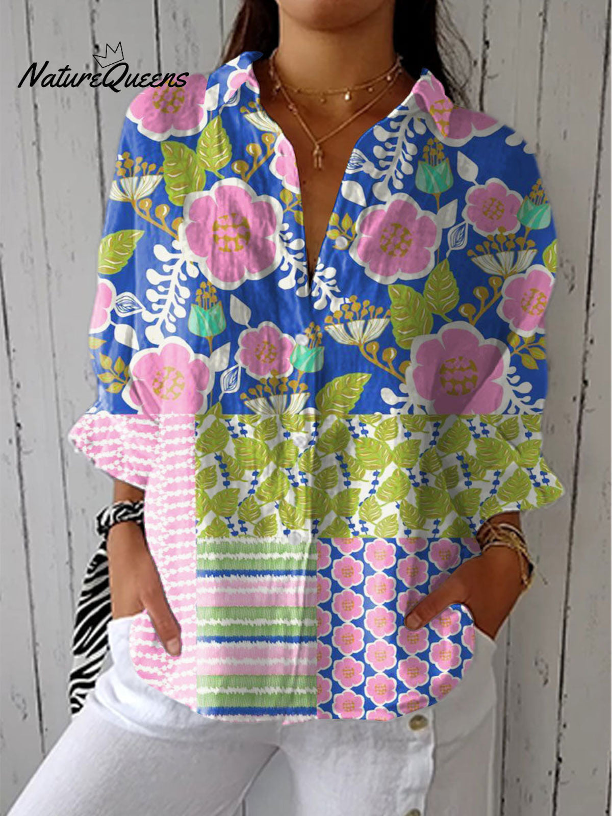 Women's Vintage Flower Art Print Casual Linen V-neck Shirt