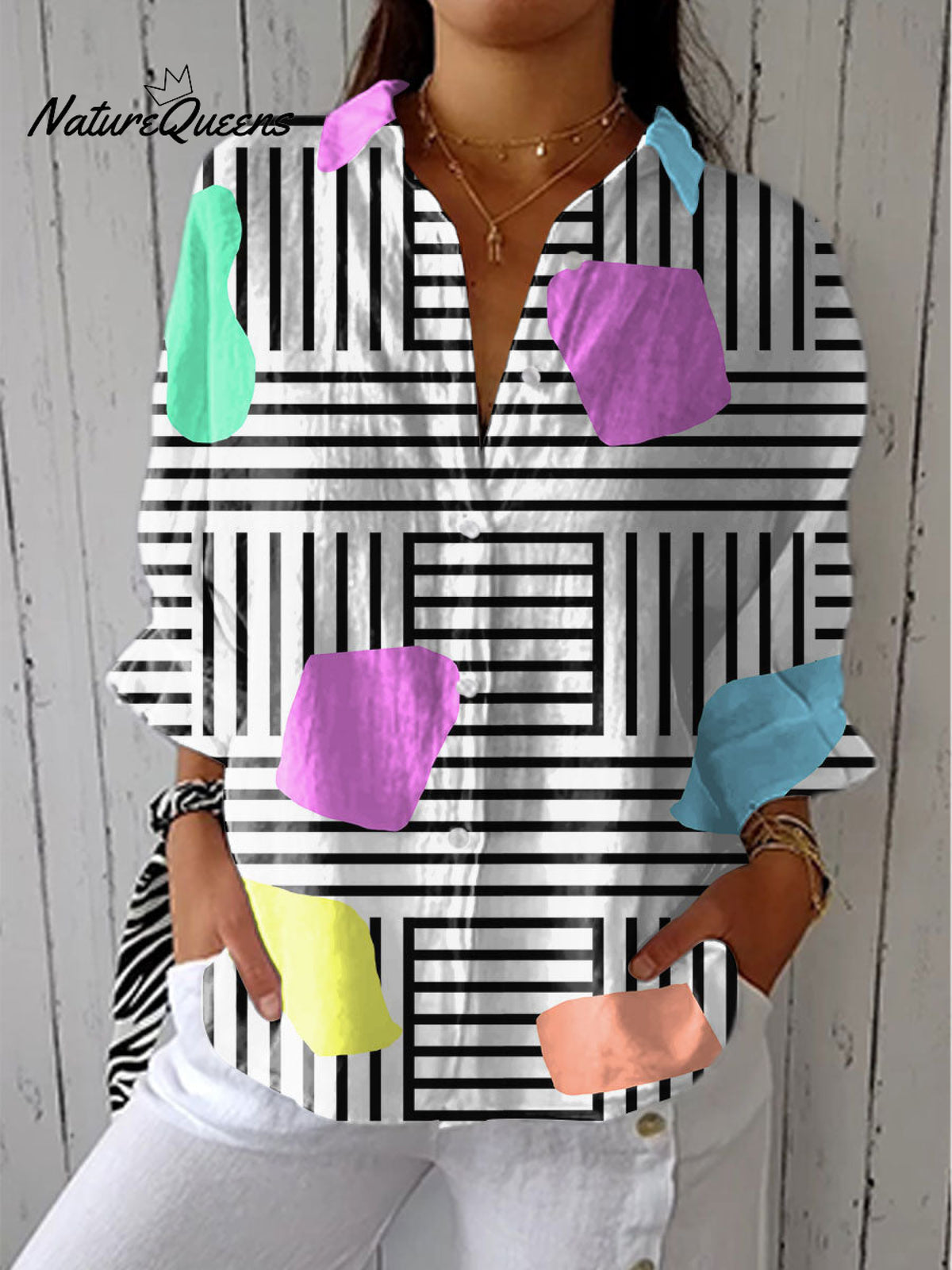 Women's Colorful Abstract Stripes Color Block Art Print Casual Linen V-neck Shirt