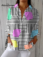 Women's Colorful Abstract Stripes Color Block Art Print Casual Linen V-neck Shirt