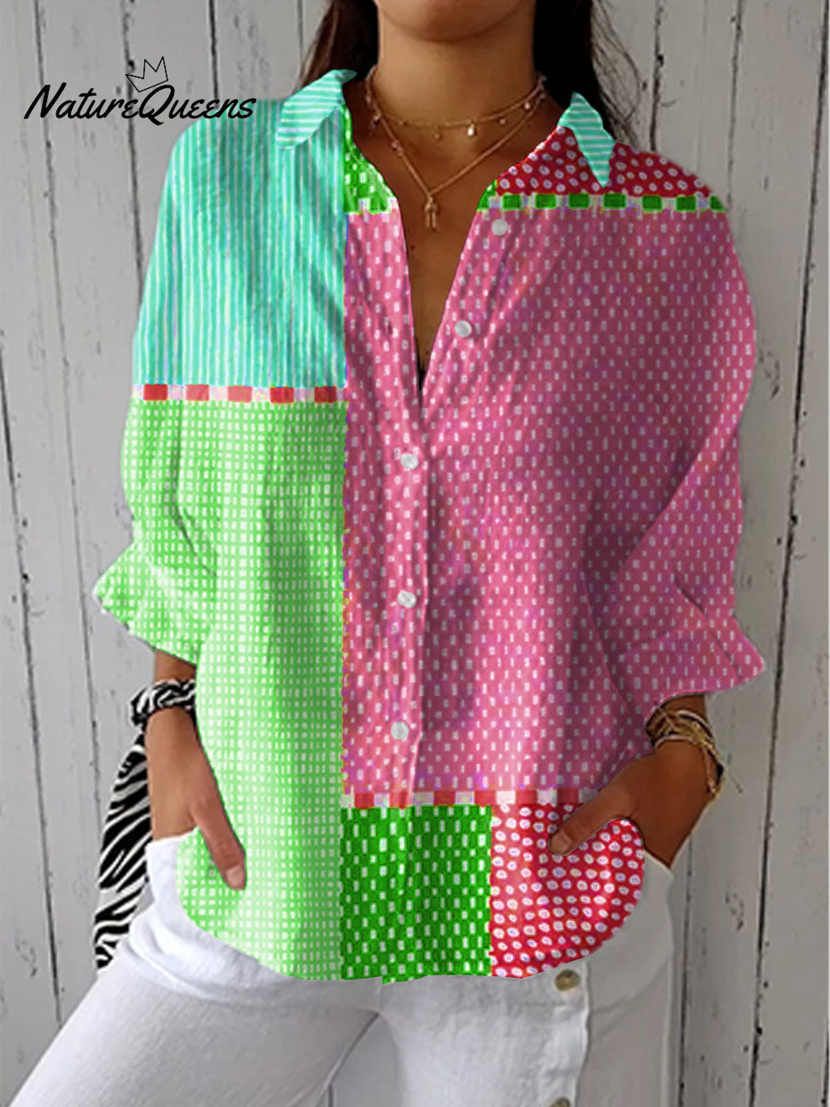 Women's Colorful Abstract Dot Art Print Casual Linen V-neck Shirt