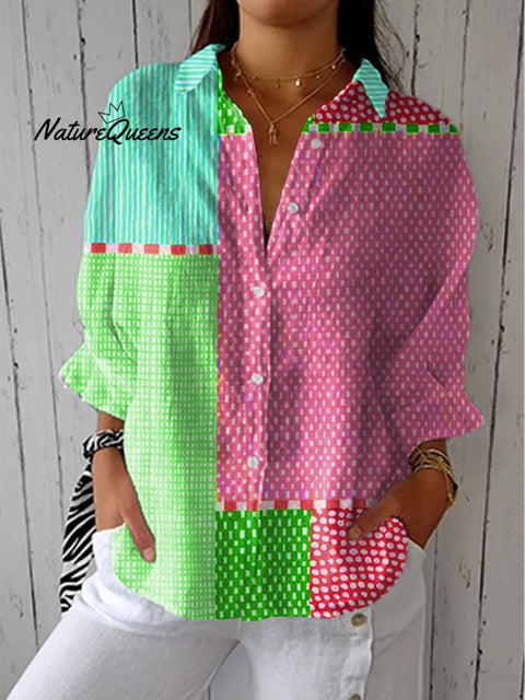 Women's Colorful Abstract Dot Art Print Casual Linen V-neck Shirt