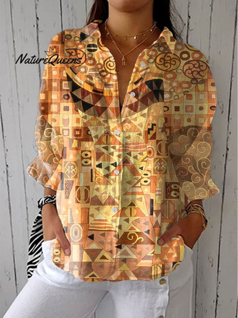 Women's Retro Abstract Geometric Art Print Casual Linen V-neck Shirt