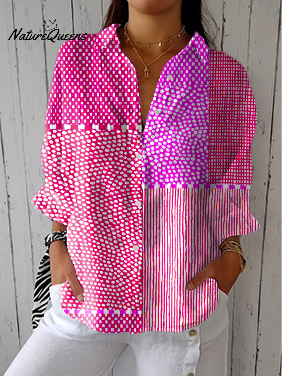 Women's Bright Polka Dot Art Print Casual Linen V-neck Shirt