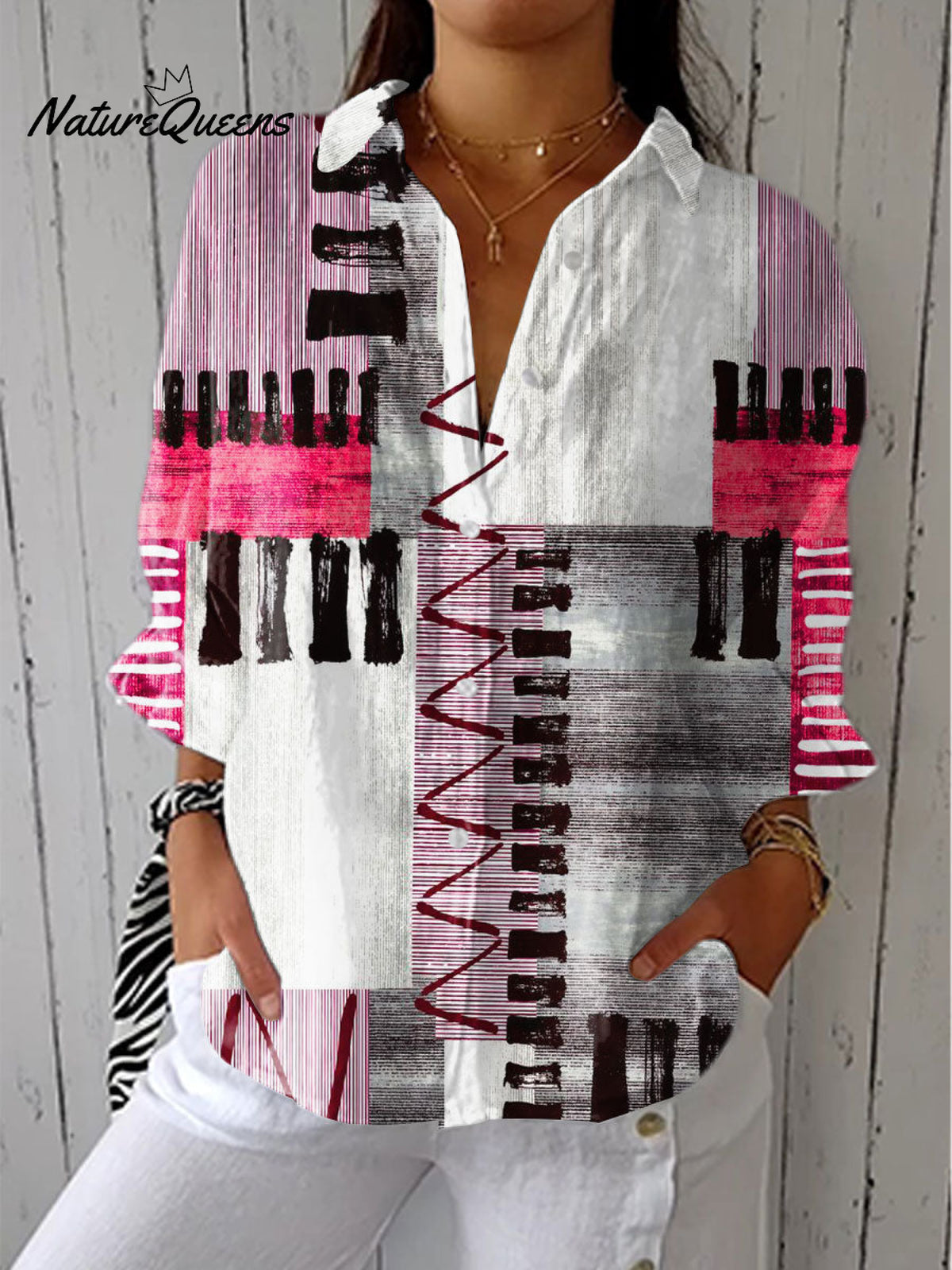 Women's Retro Geometric Texture Art Print Casual Linen V-neck Shirt