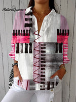 Women's Retro Geometric Texture Art Print Casual Linen V-neck Shirt