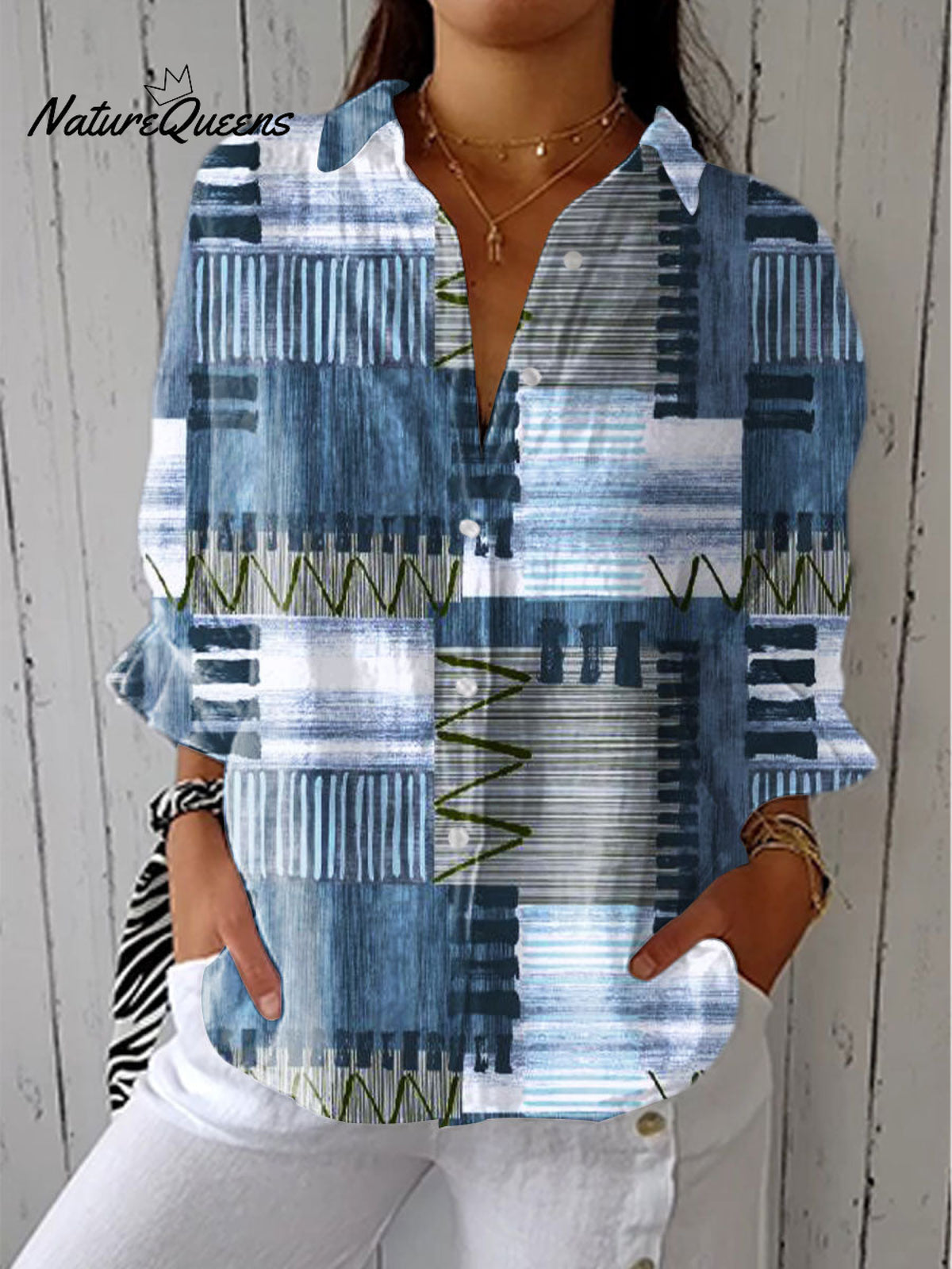 Women's Retro Geometric Texture Art Print Casual Linen V-neck Shirt