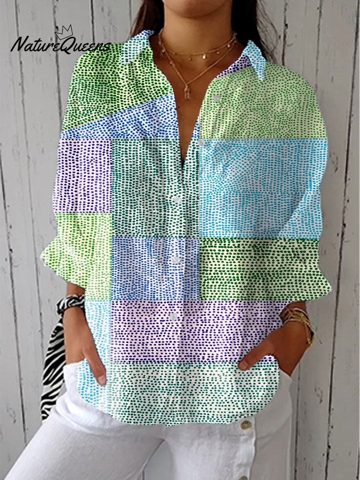 Women's Colorful Block Spot Art Print Casual Linen V-neck Shirt