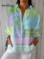 Women's Colorful Block Spot Art Print Casual Linen V-neck Shirt