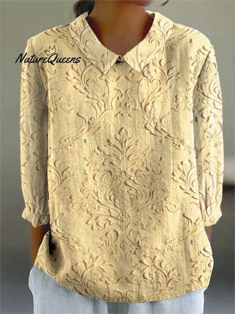 Women's Retro Pattern Art Print Casual Cotton And Linen 3/4 Sleeve Shirt
