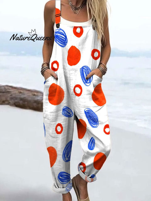 Women's Colorful Geometric Dot Art Print Casual 100% Cotton Wide Leg Jumpsuit