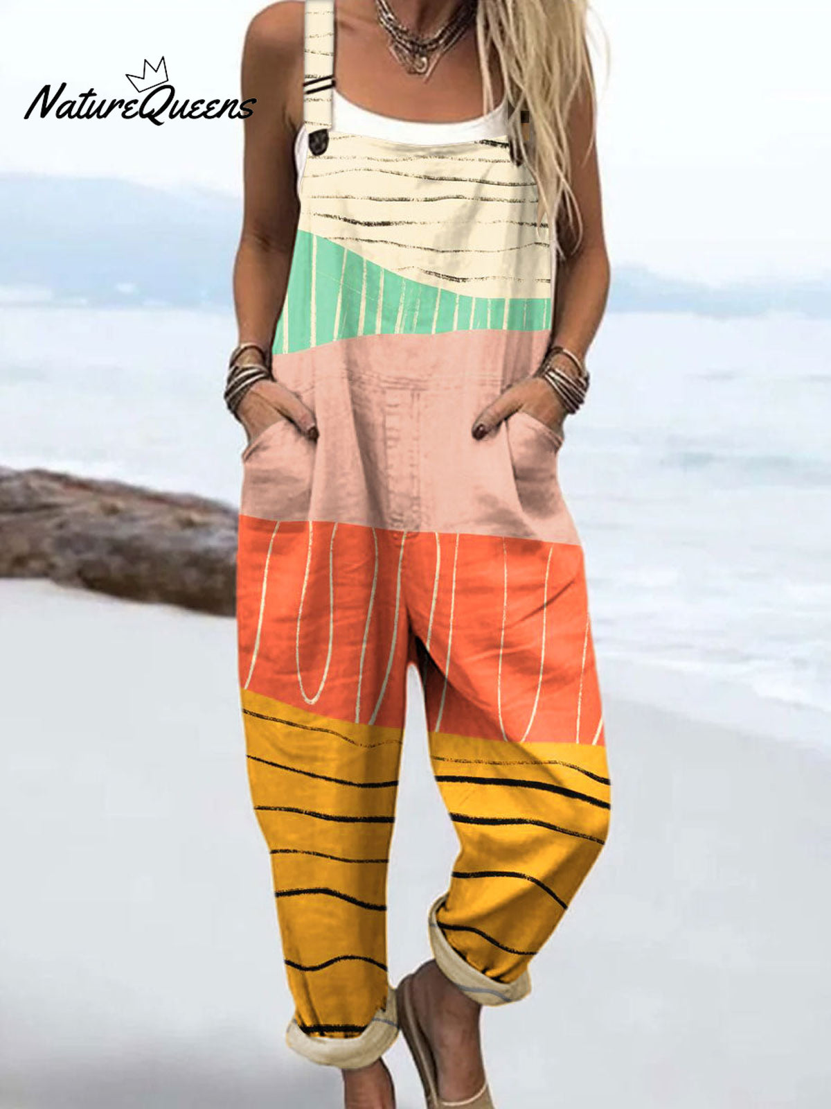 Women's Colorful Abstract Stripes Block Art Print Casual 100% Cotton Wide Leg Jumpsuit