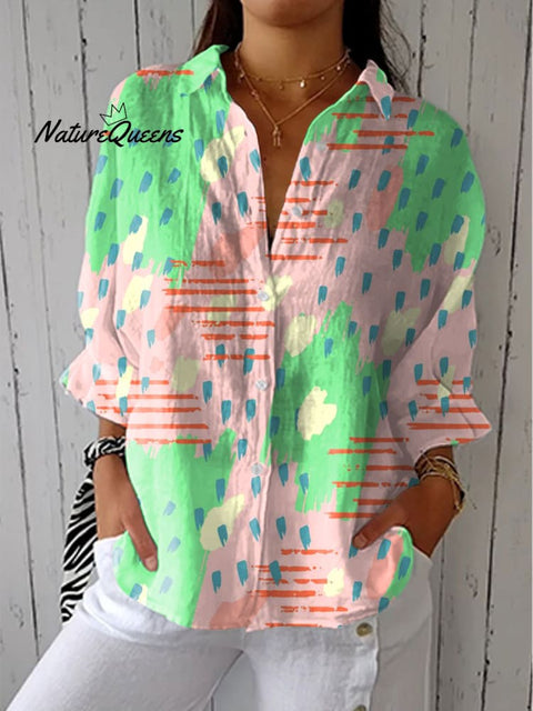 Women's Colorful Abstract Spots Irregular Art Print Casual Linen V-neck Shirt