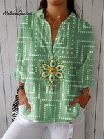 Women's Retro Pattern Rectangle Art Print Casual Linen V-neck Shirt