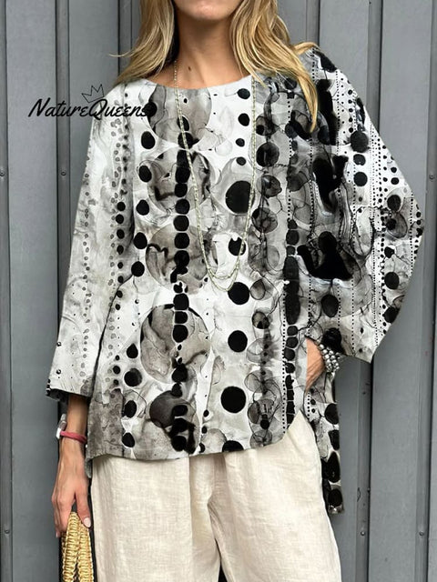 Women's Retro Abstract Ink Spot Texture Art Print Casual Linen V-neck Shirt