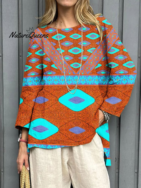 Women's Retro Abstract Geometric Art Print Casual Linen V-neck Shirt