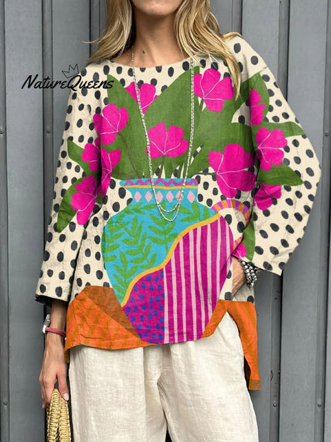 Women's Retro Floral Polka Dot Potted Art Print Casual Linen V-neck Shirt