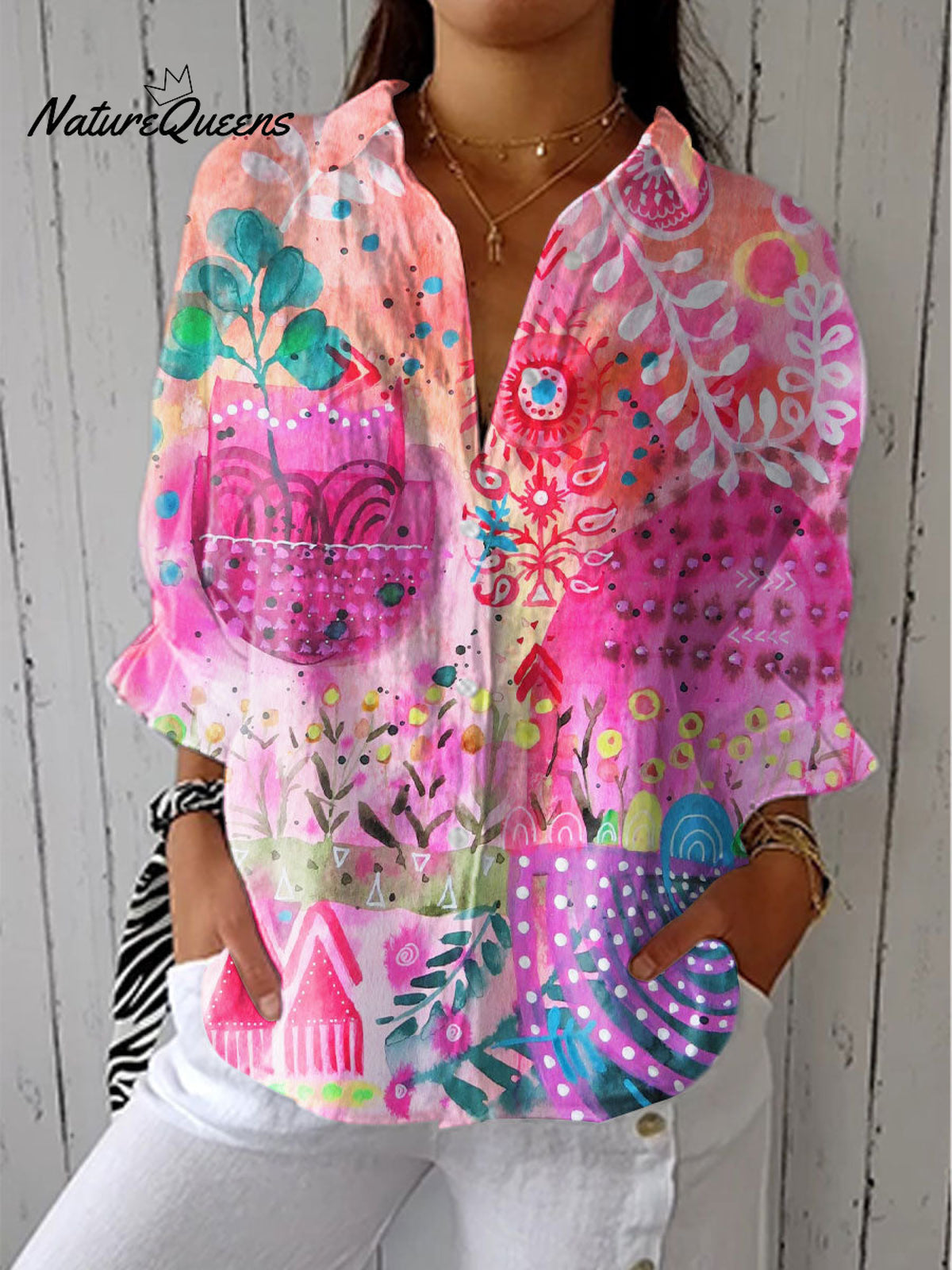 Women's Vintage Flower Art Print Casual Linen V-neck Shirt