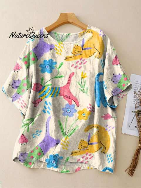 Women's Colorful and Playful Cat Art Print Casual Linen Crew Neck Shirt
