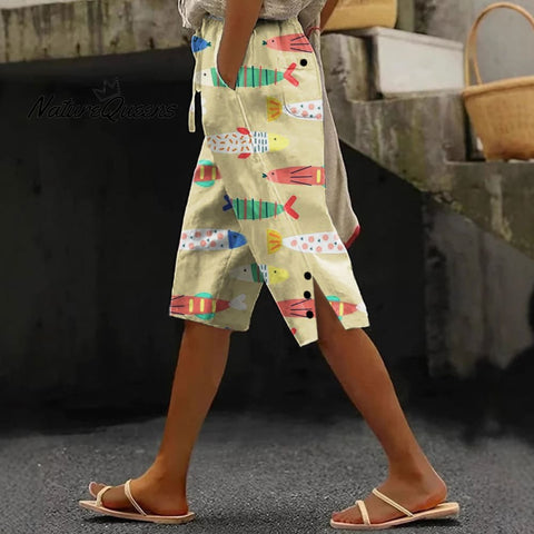 Women's Retro Abstract Fish Art Printed Cotton And Linen Casual Pants