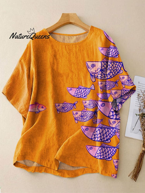 Women's Retro Abstract Fish Art Print Casual Linen Crew Neck Shirt