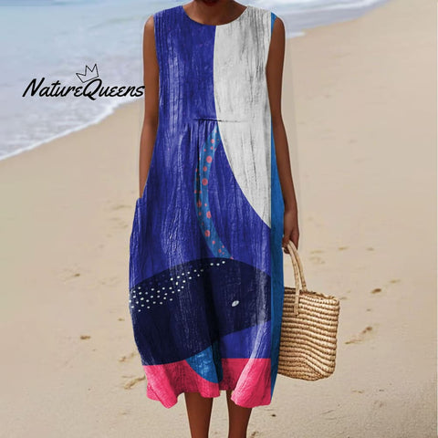 Women's Colorful Abstract Sea Life Art Print Sleeveless Cotton Pocket Wrap Dress