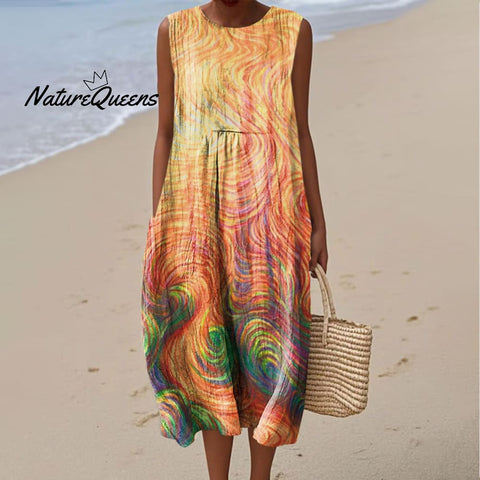 Women's Retro Abstract Texture Art Print Sleeveless Cotton Pocket Wrap Dress