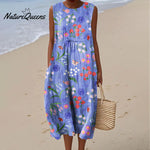 Women's Vintage Flower Art Print Sleeveless Cotton Pocket Wrap Dress