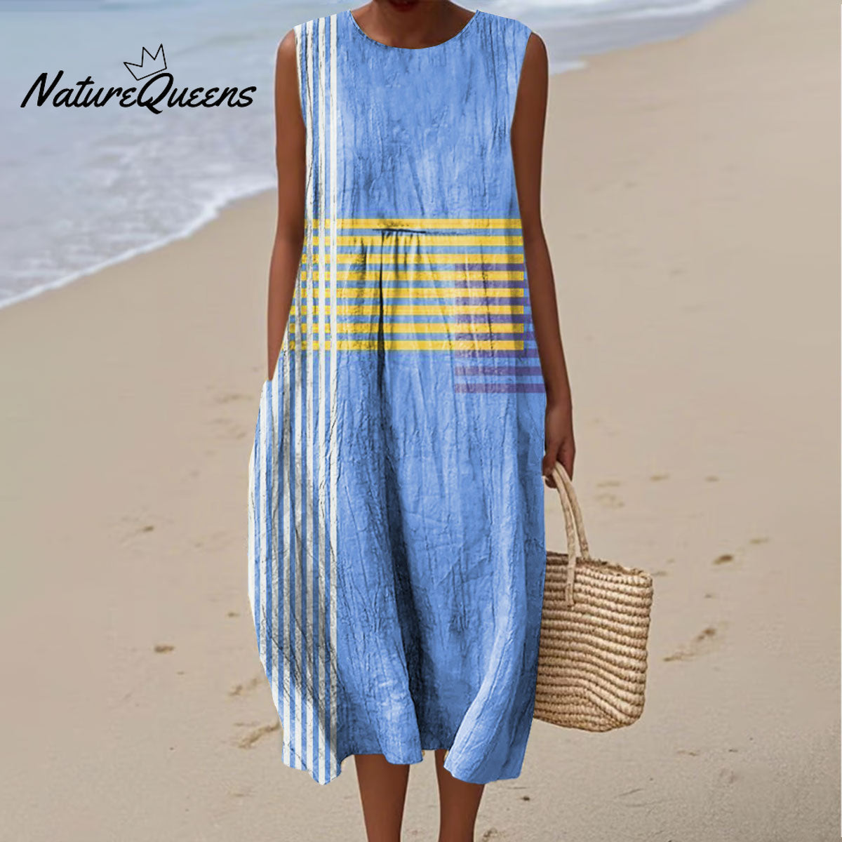 Women's Abstract Geometric Stripes Art Print Sleeveless Cotton Pocket Wrap Dress