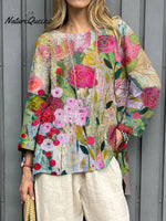 Women's Vintage Flower Art Print CasualCotton And LinenShirt