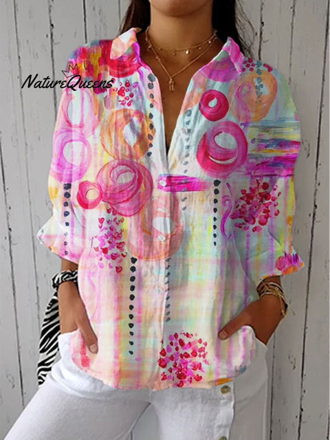 Women's Colorful Abstract Art Print Casual Linen V-neck Shirt