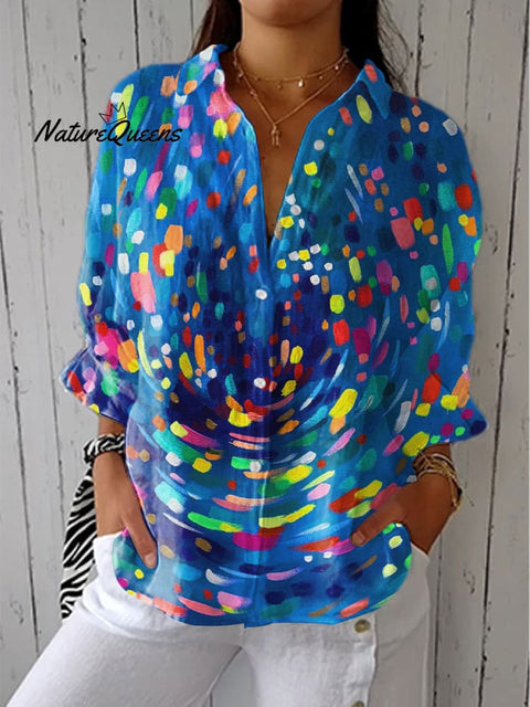 Women's Colorful Abstract Swirl Art Print Casual Linen V-neck Shirt