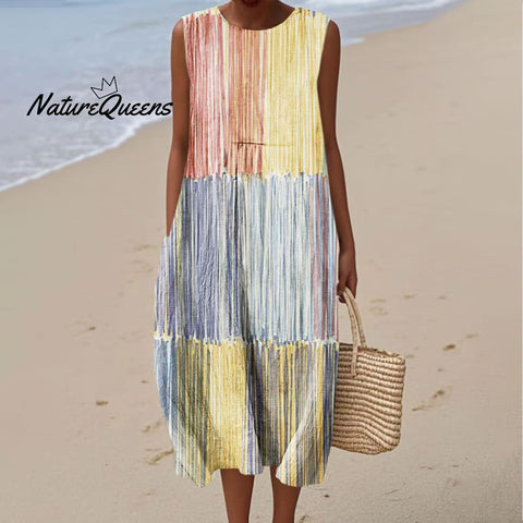 Women's Colorful Abstract Stripes Art Print Sleeveless Cotton Pocket Wrap Dress