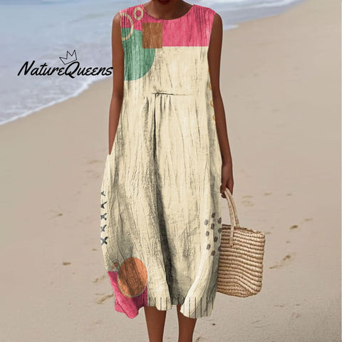 Women's Colorful Abstract Geometric Art Print Sleeveless Cotton Pocket Wrap Dress