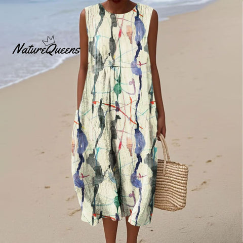 Women's Colorful Abstract Graffiti Texture Art Print Sleeveless Cotton Pocket Wrap Dress