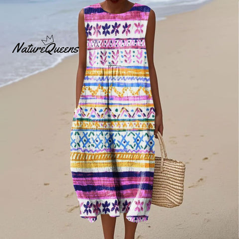 Women's Colorful Abstract Pattern Art Print Sleeveless Cotton Pocket Wrap Dress