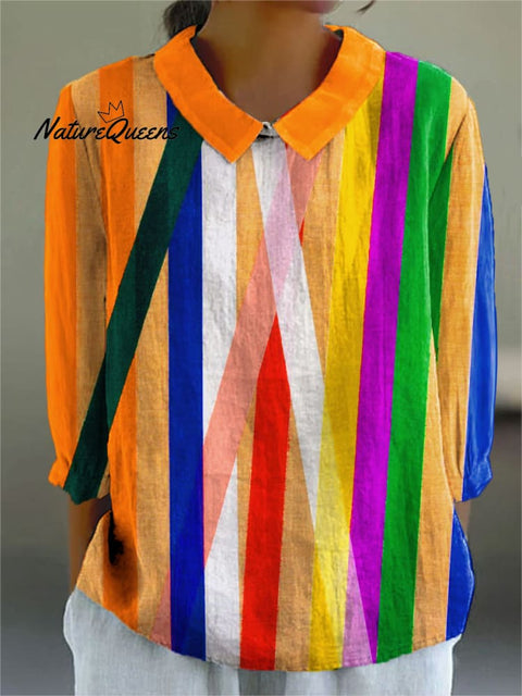 Women's Retro Colorful Abstract Stripes Art Print Casual Cotton And Linen 3/4 Sleeve Shirt