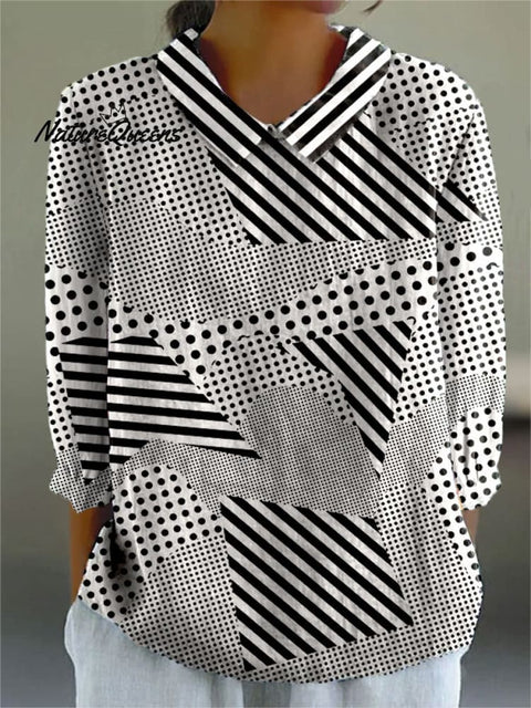 Women's Retro Abstract Geometric Art Print Casual Cotton And Linen 3/4 Sleeve Shirt